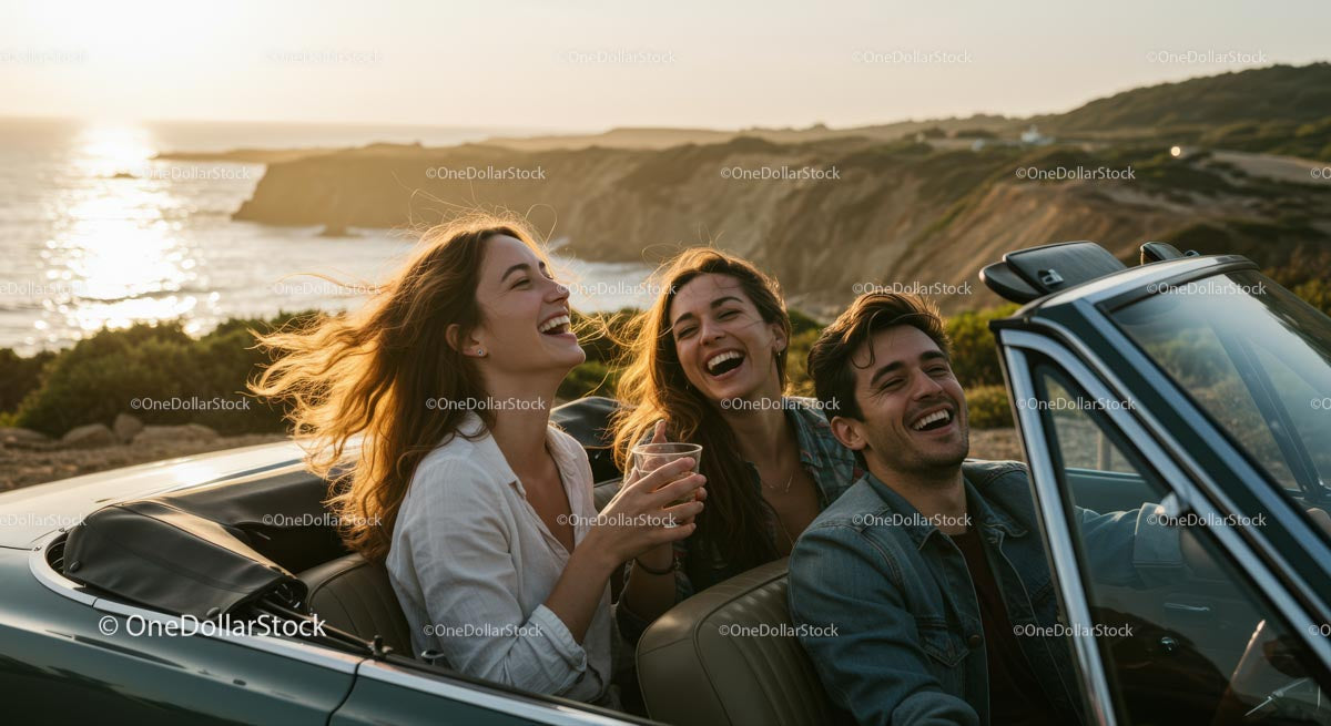 Two Women Driving Vintage Convertible by Ocean