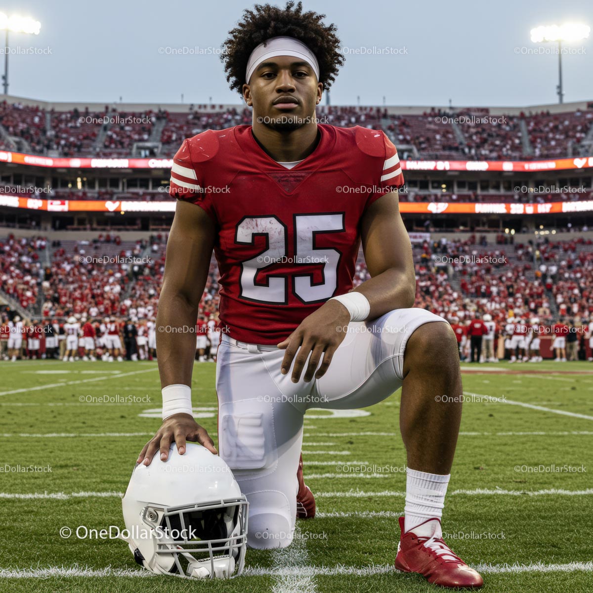 American Football Player Kneeling on Grass Field