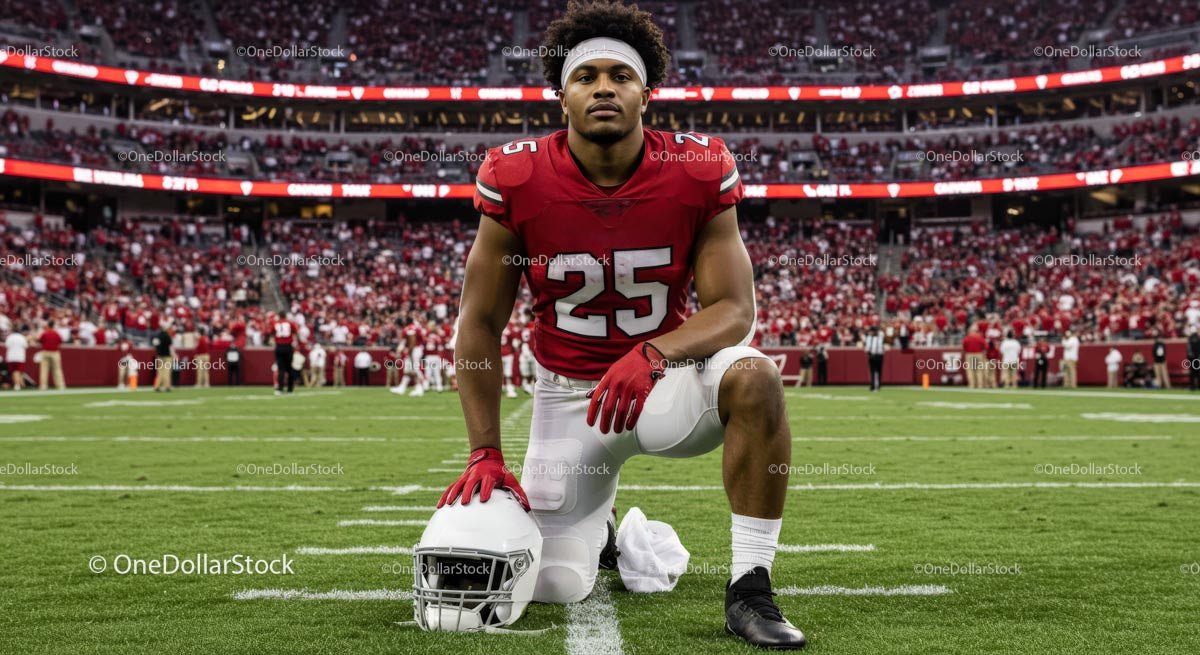 American Football Player Kneeling on Field in Red Jersey