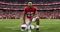 American Football Player Kneeling on Field in Red Jersey