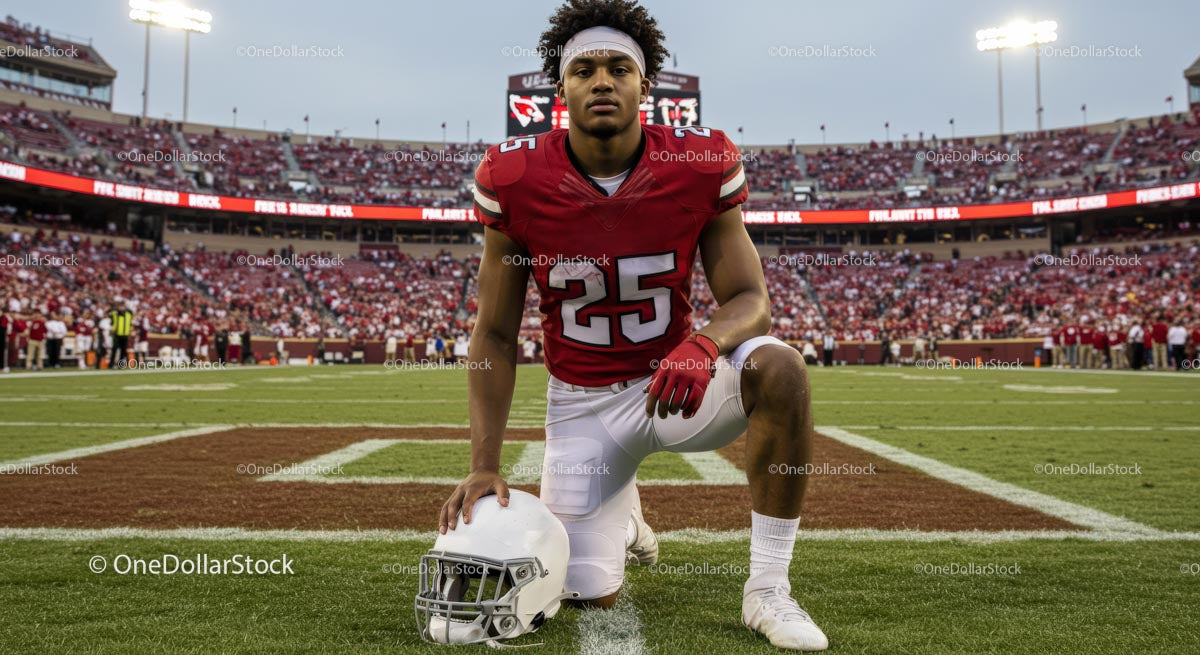 Confident Football Player Kneeling on Gridiron Field