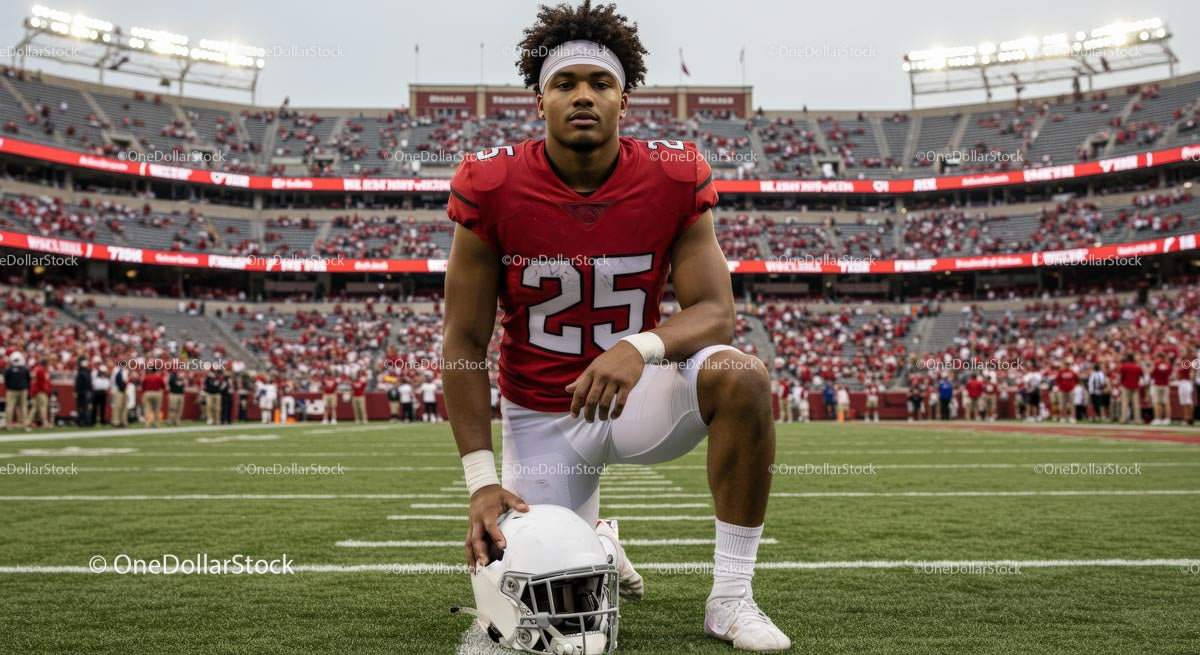 American Football Player in Red Jersey on Stadium Field