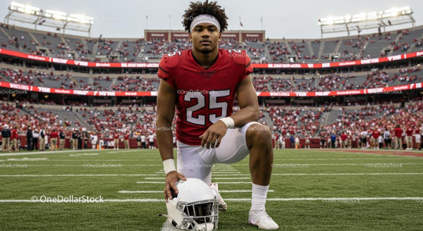 American Football Player in Red Jersey on Stadium Field