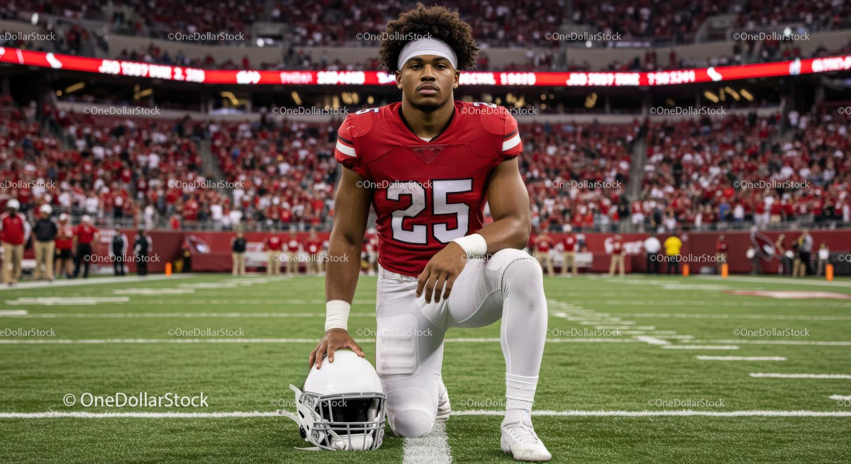 Football Player Kneeling on Field in Red Jersey