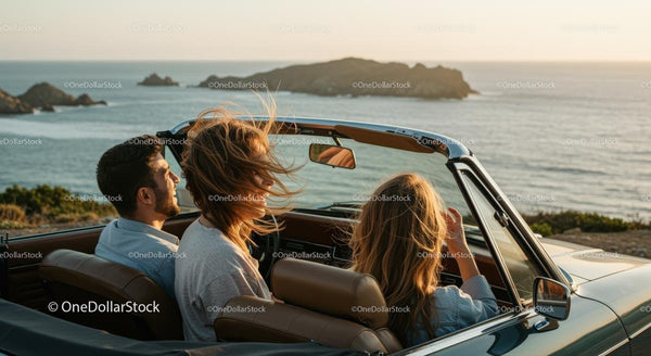 Friends Enjoying a Scenic Convertible Drive by the Coast