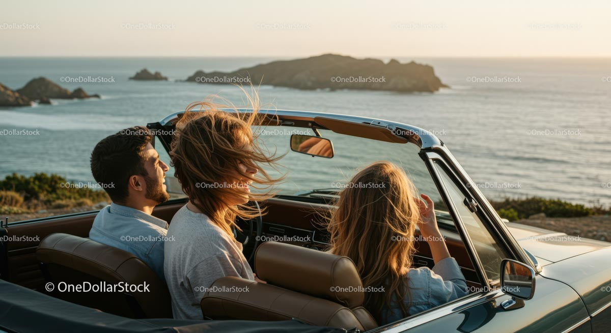 Two Women Driving Vintage Convertible by Ocean