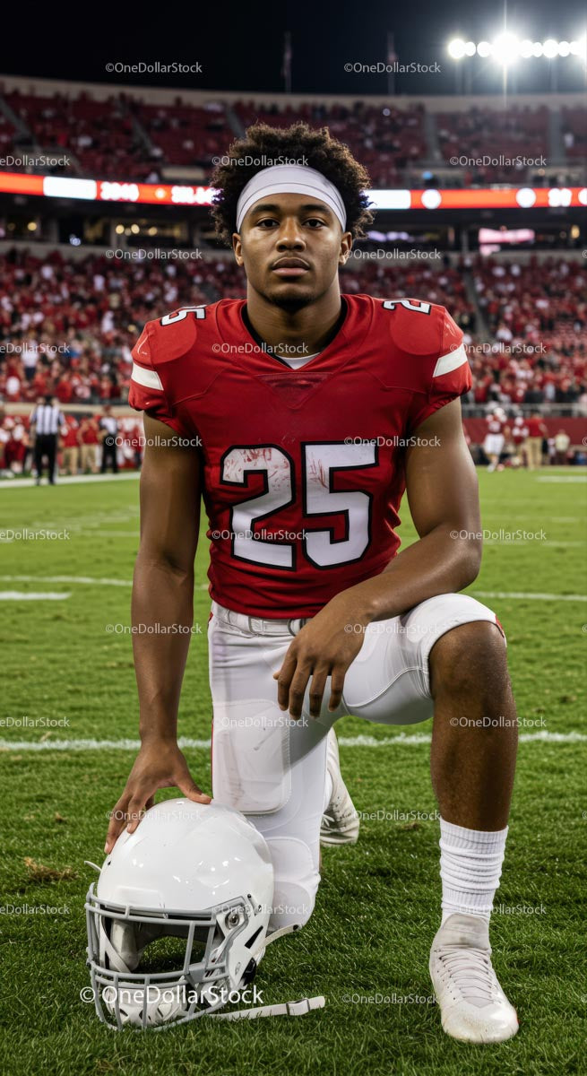 American Football Player Kneeling on Field at Night Game