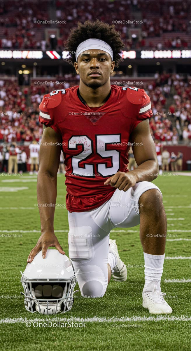 American Football Player Kneeling on Field in Red Jersey