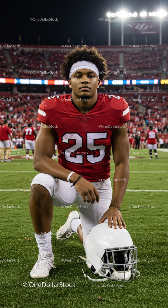 American Football Player Preparing on Grassy Stadium Field