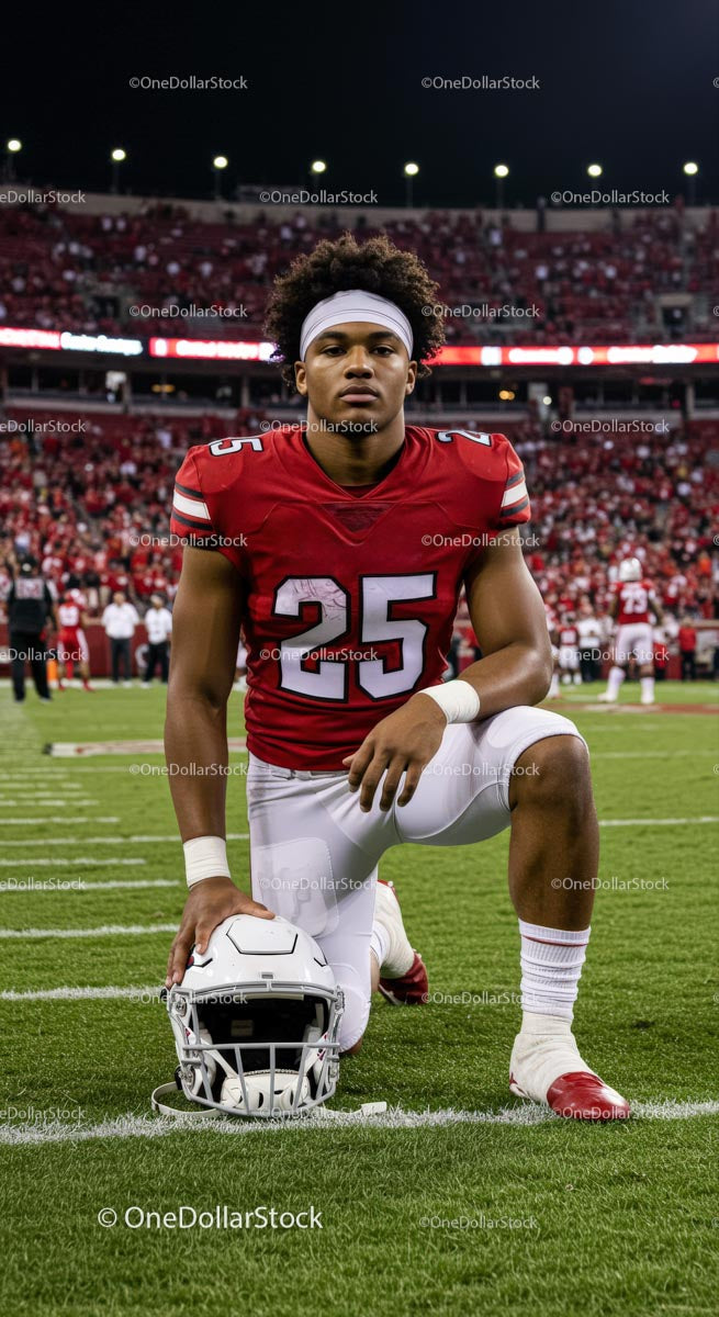 Focused Football Player on Game Day Field