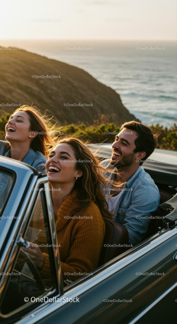 Friends Enjoying a Sunset Drive Along Coastal Road