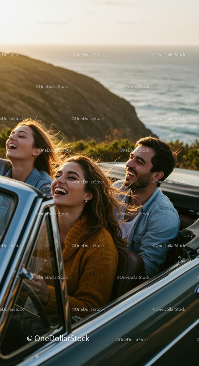Friends Enjoying a Sunset Drive Along Coastal Road