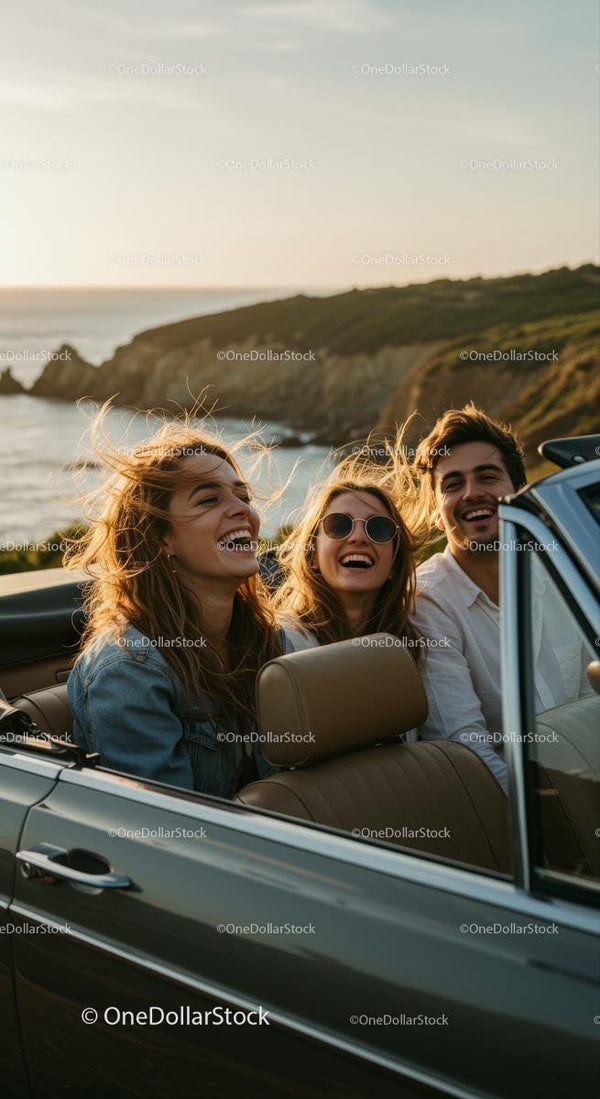 Friends Enjoying a Road Trip by the Ocean at Sunset