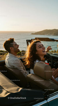 Happy Couple Driving a Convertible Along Scenic Coastline