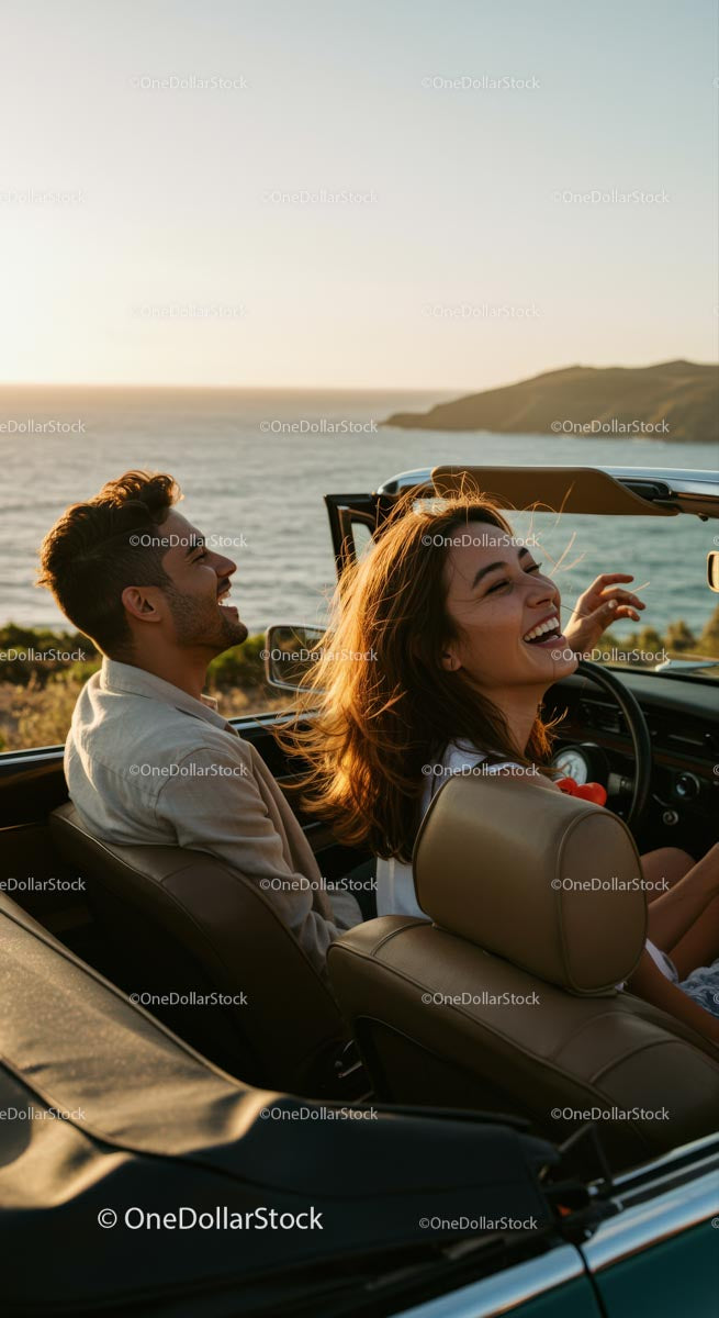 Happy Couple Driving a Convertible Along Scenic Coastline