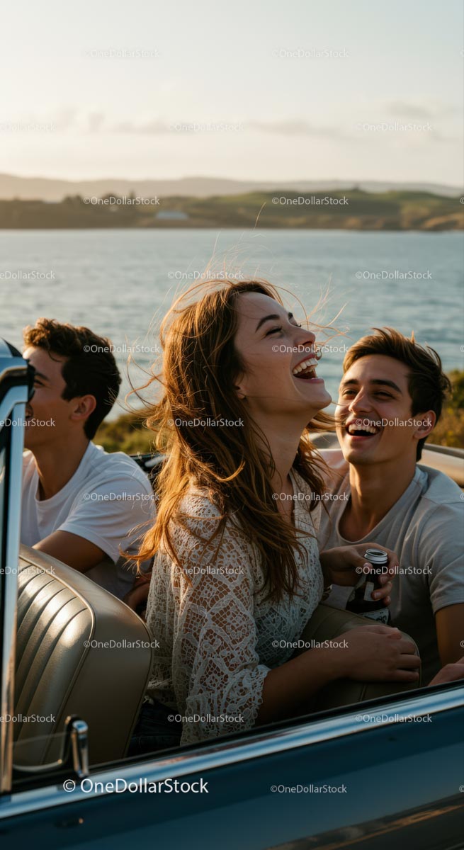 Joyful Friends Enjoying a Coastal Road Trip