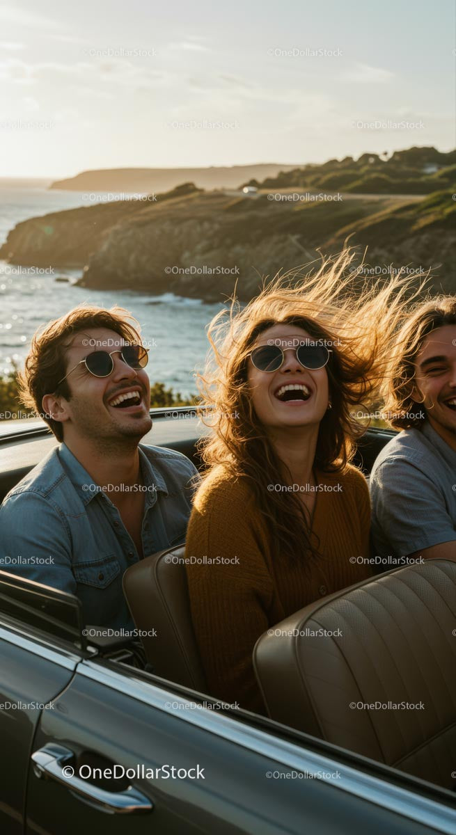 Friends Enjoying a Joyful Convertible Ride by the Coast