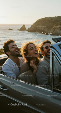 Friends Enjoying a Scenic Convertible Drive by the Coast