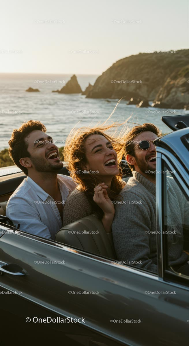Friends Enjoying a Scenic Convertible Drive by the Coast