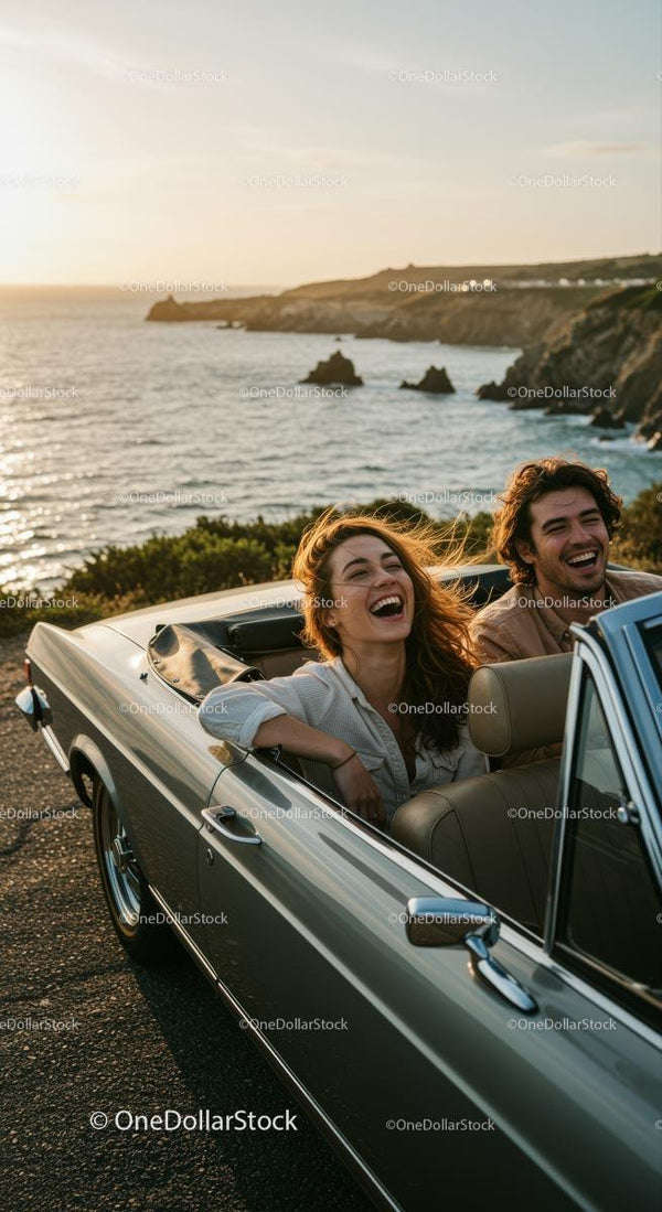 Laughing Couple in Convertible at Sunset by the Coast