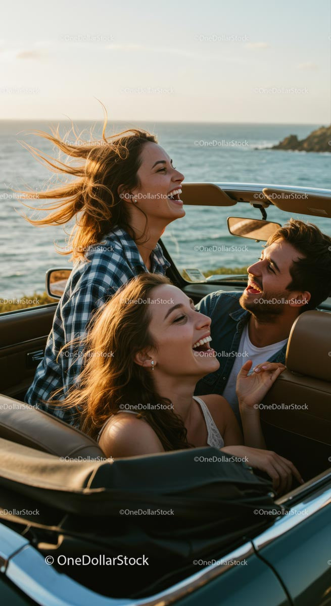 Friends Enjoying a Joyful Convertible Ride by the Ocean