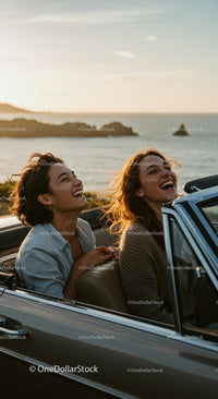 Friends Enjoying a Sunset Drive along Scenic Coastline