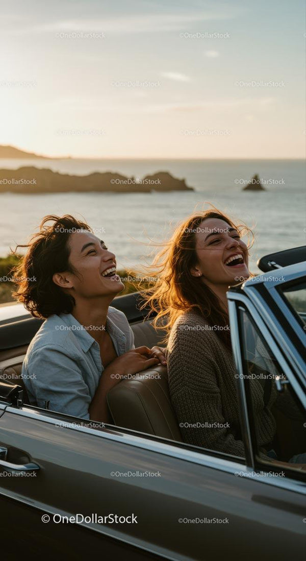 Friends Enjoying a Sunset Drive along Scenic Coastline