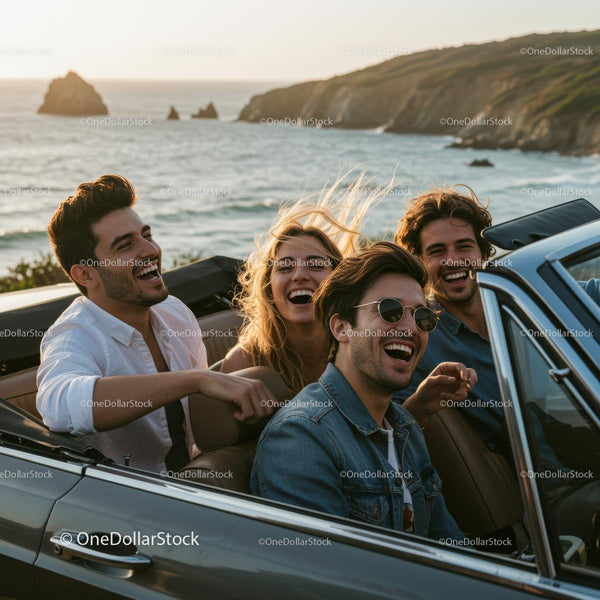 Joyful Friends Enjoying a Convertible Ride by the Ocean