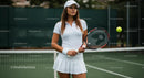Female Tennis Player Poised on Court in White Attire