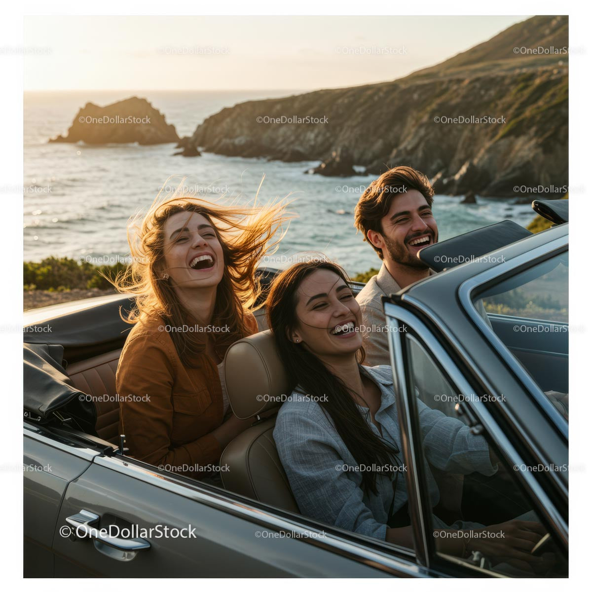 Friends Enjoying a Scenic Convertible Drive by the Coast