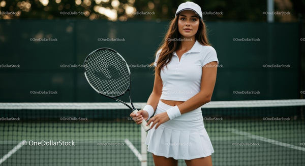 Female Tennis Player in White Outfit on Outdoor Court