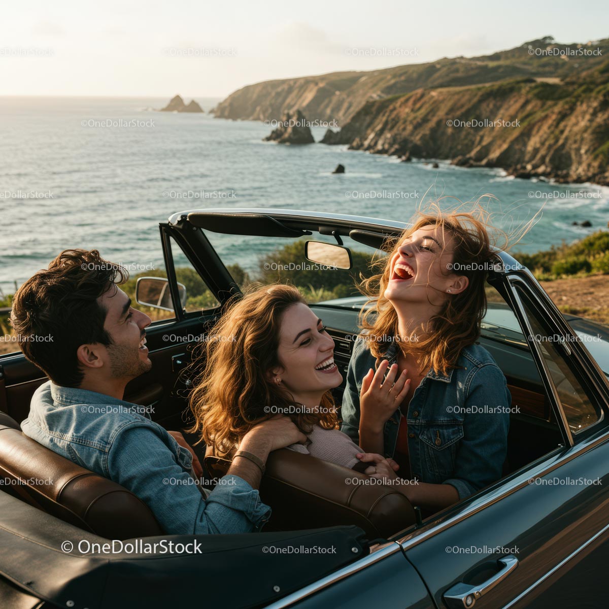 Friends Laughing in Convertible on Coastal Road Trip