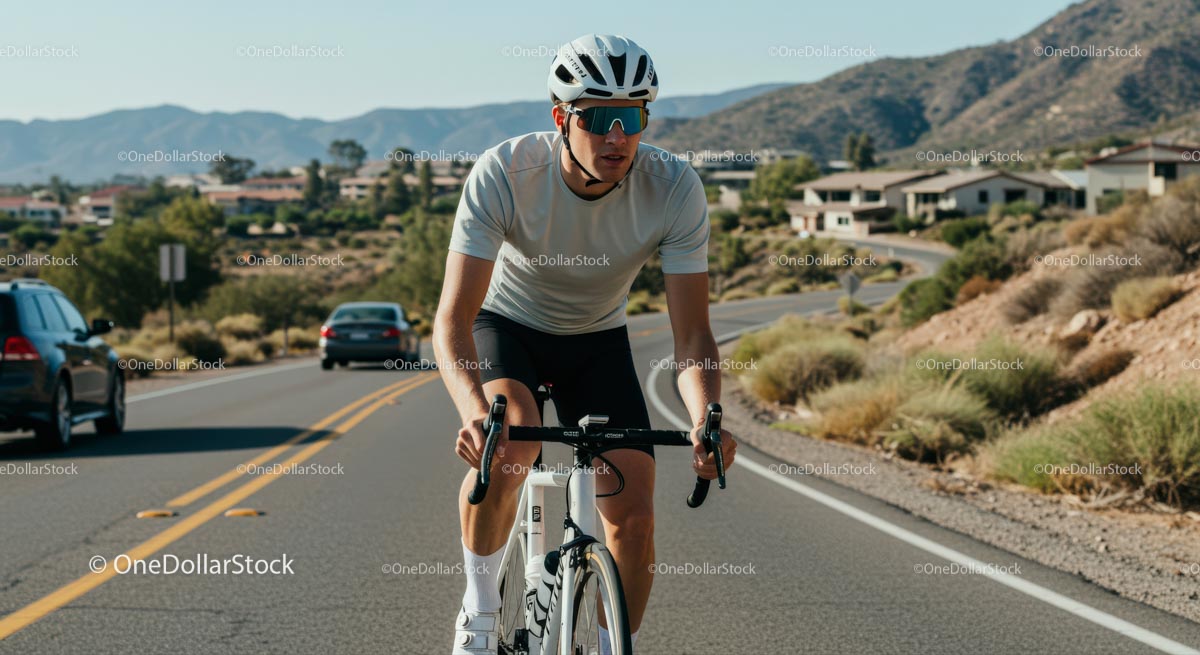 Cyclist Riding Through Desert Mountain Scenic Road