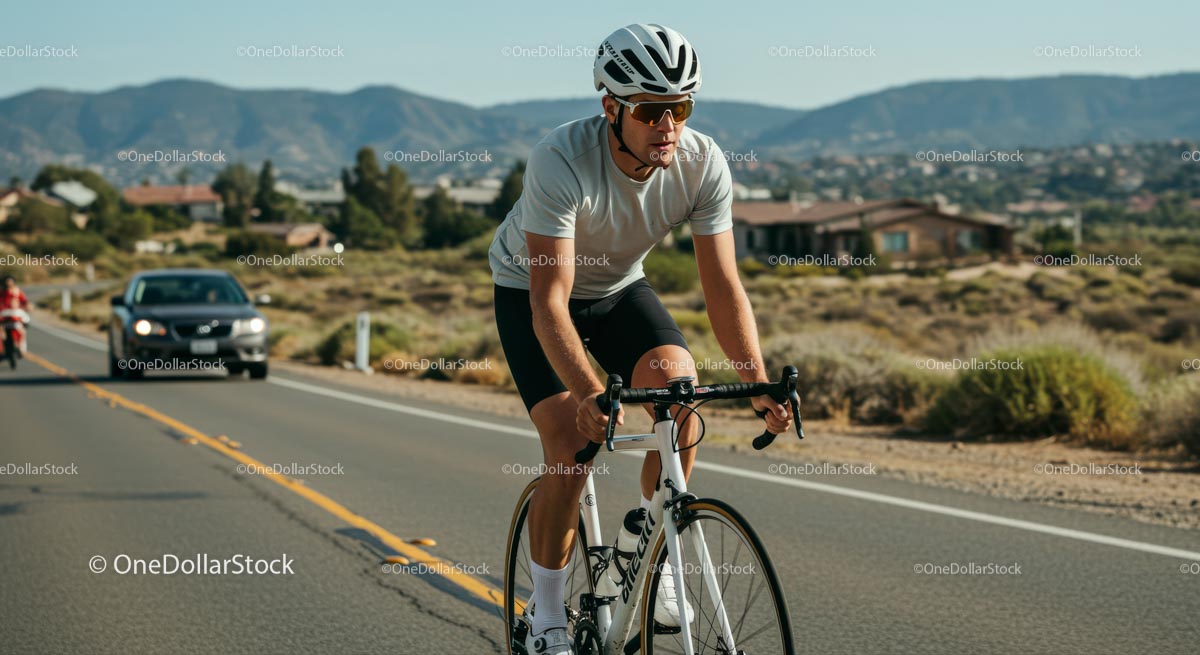 Cyclist on Scenic Road During Sunny Day Workout