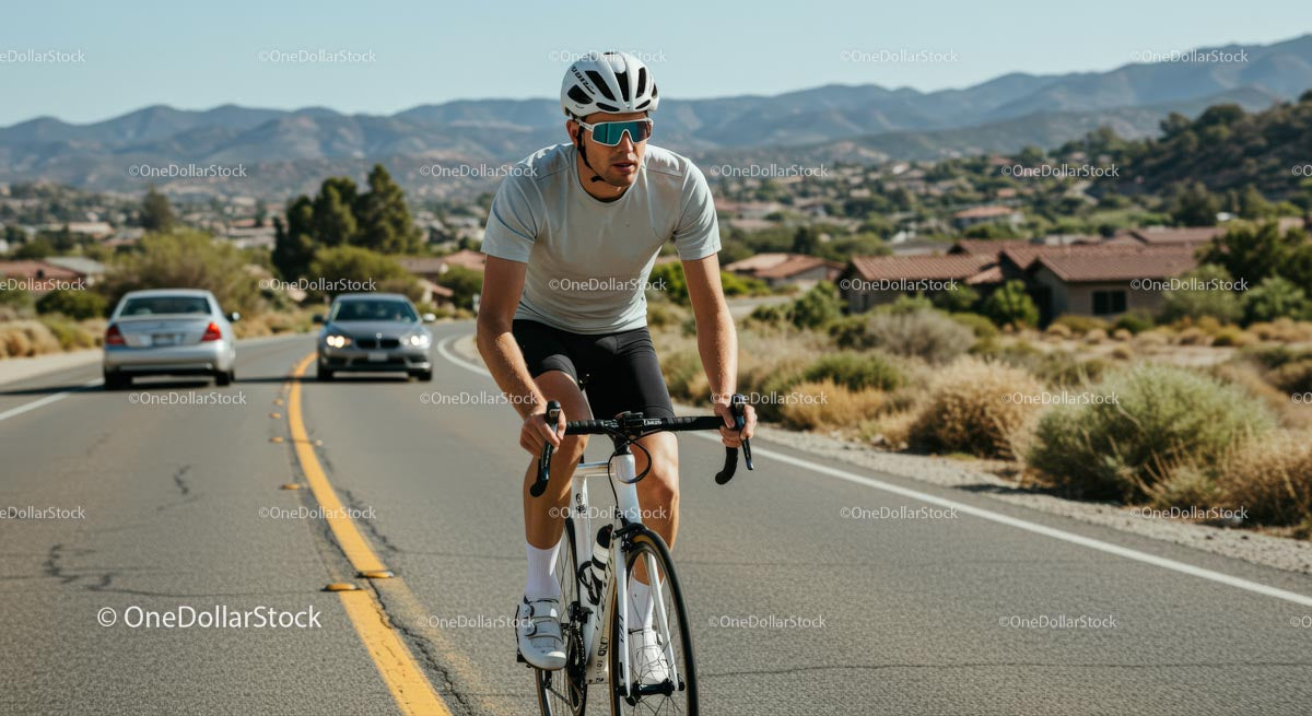 Cyclist Riding on Scenic Mountain Road in Sunny Weather