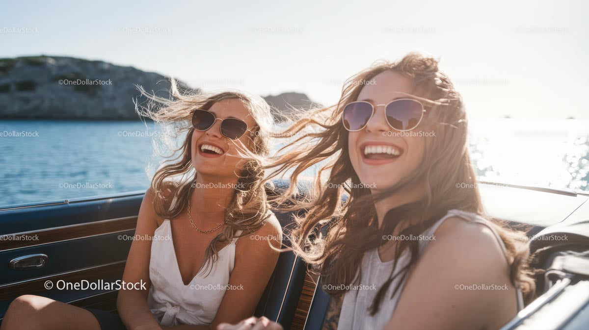 Smiling Women Enjoying a Sunny Day by the Ocean