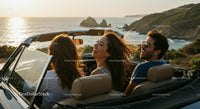 Friends Enjoying a Sunset Drive in Convertible by the Ocean