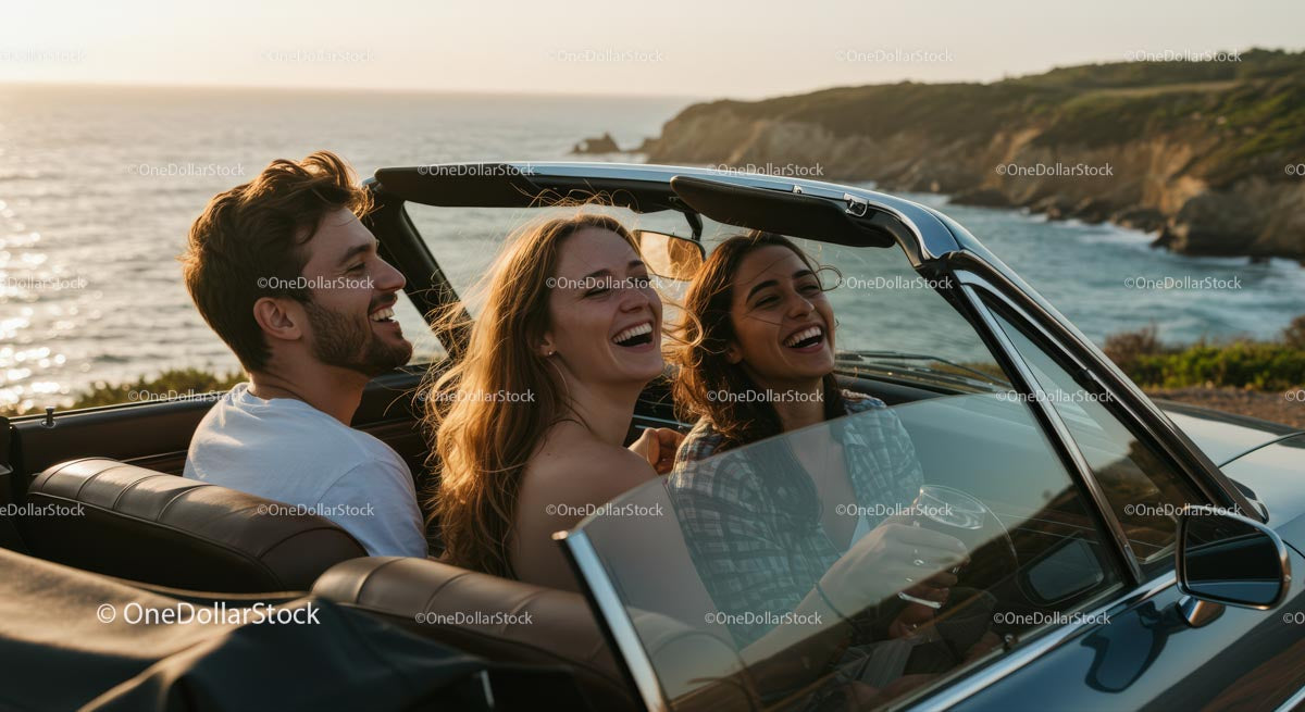 Two Women Driving Vintage Convertible by Ocean