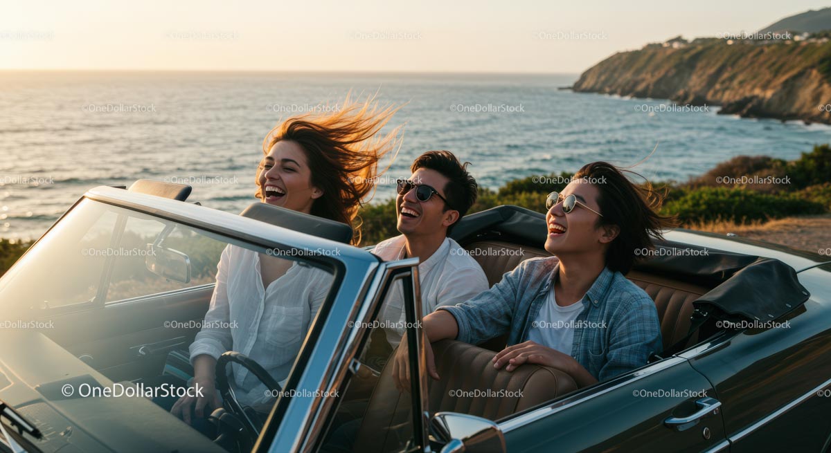 Two Women Driving Vintage Convertible by Ocean