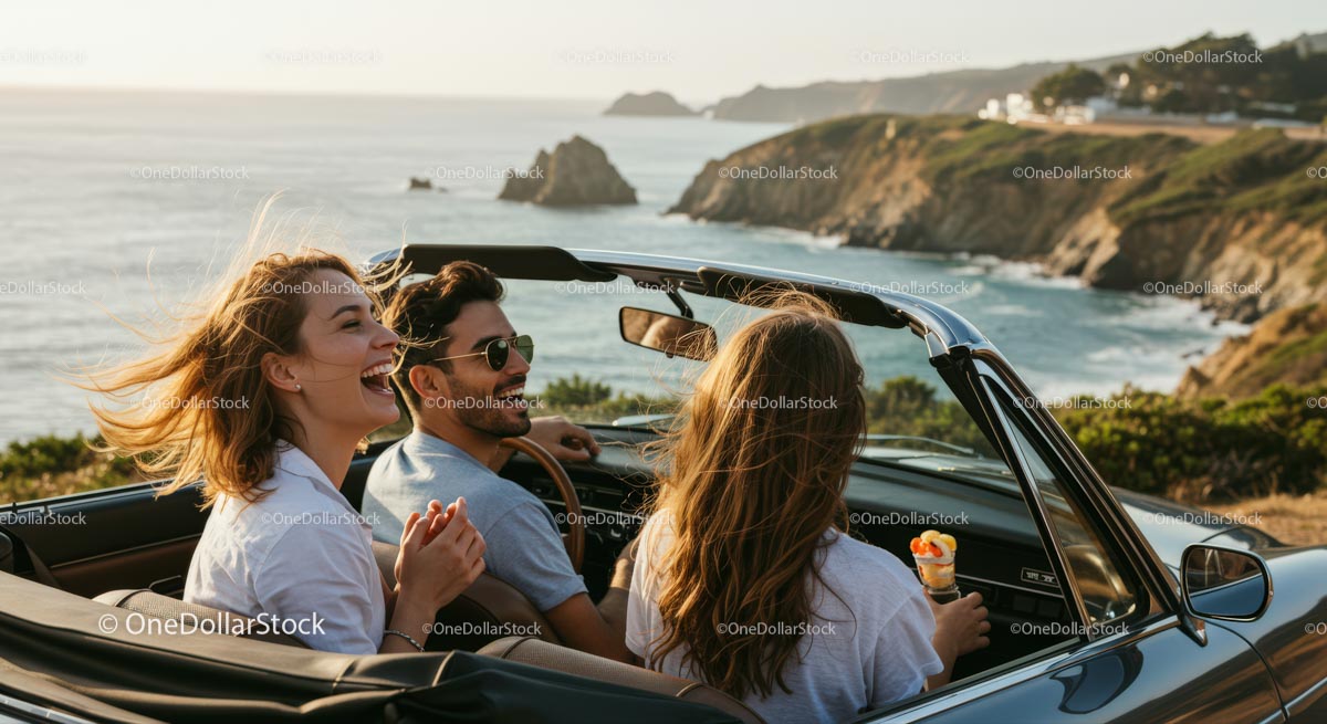 Friends on a Coastal Road Trip in Convertible Car