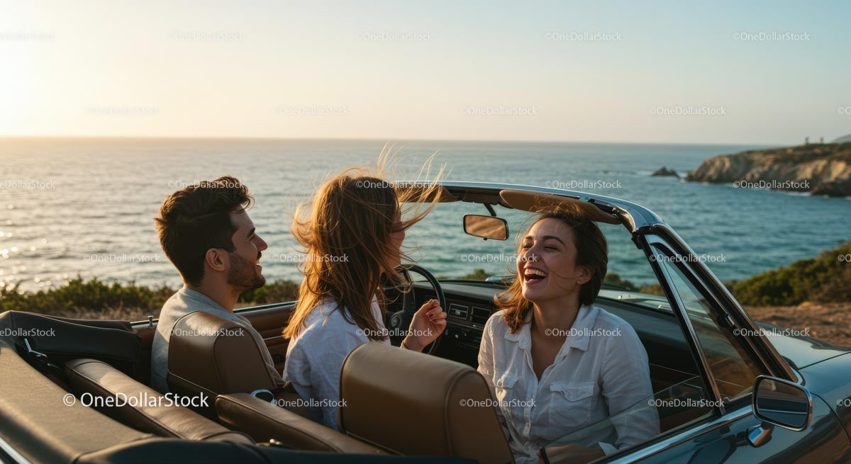 Friends Enjoying a Convertible Ride by the Ocean