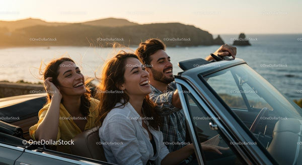 Friends Enjoying a Sunset Road Trip Along the Coast