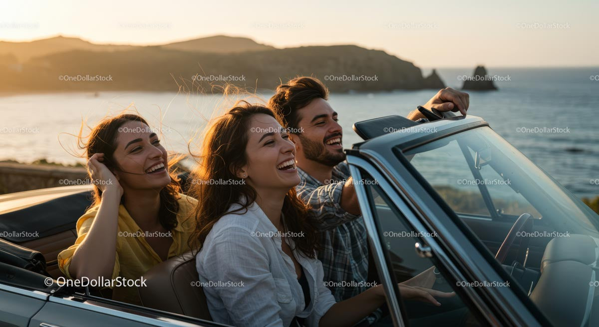 Two Women Driving Vintage Convertible by Ocean