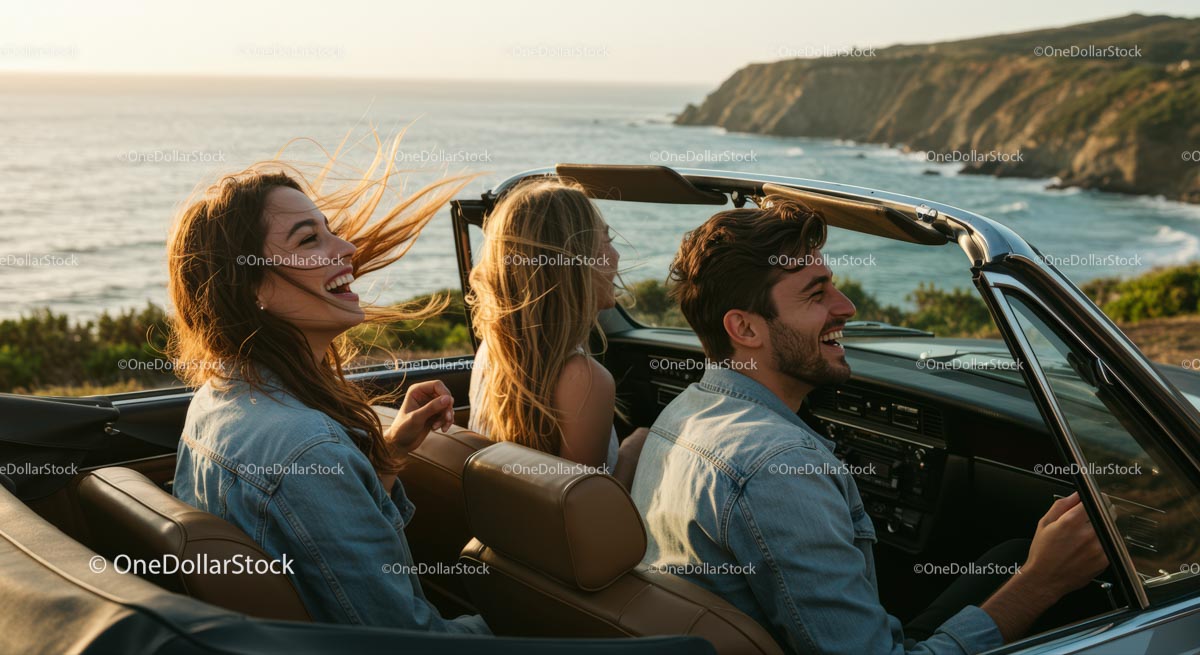 Friends on a Coastal Road Trip in Convertible Car