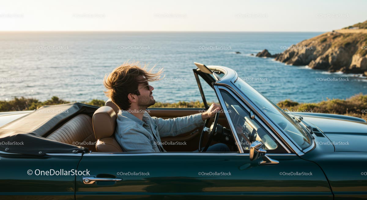 Father and Son Enjoying a Scenic Drive in Convertible