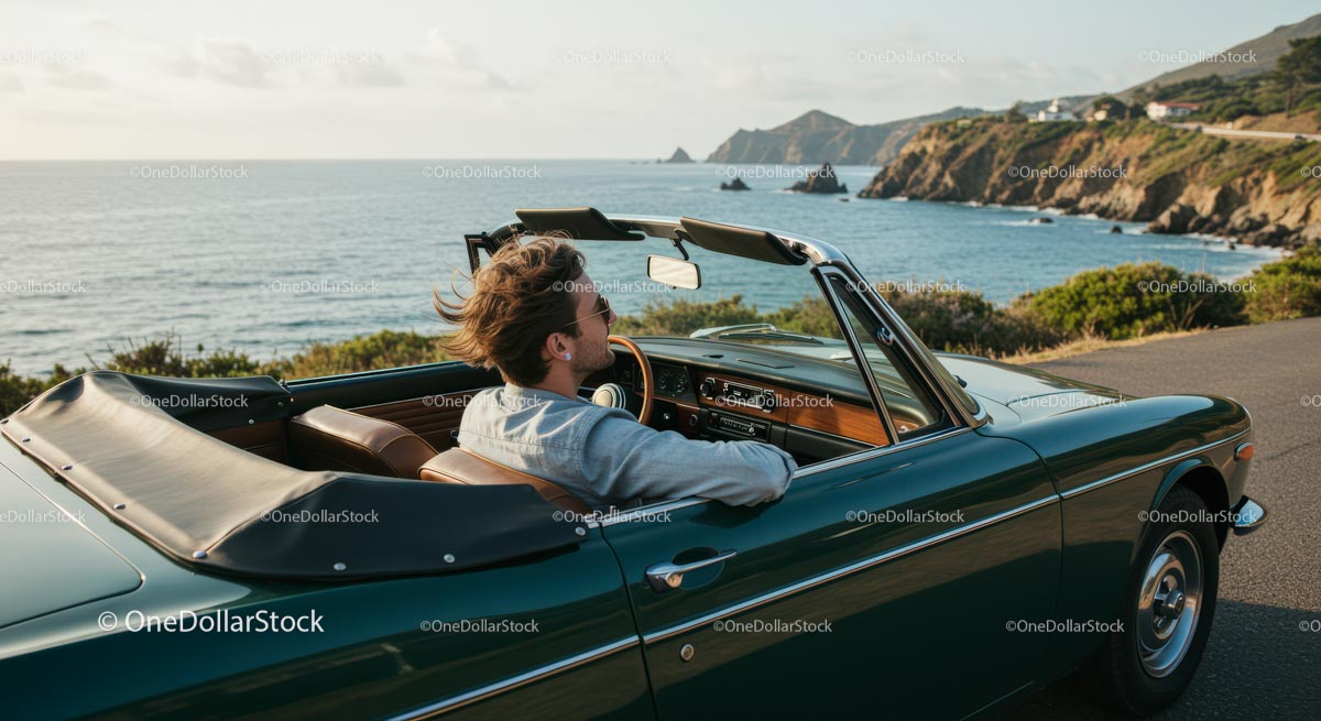 Two Women Driving Vintage Convertible by Ocean
