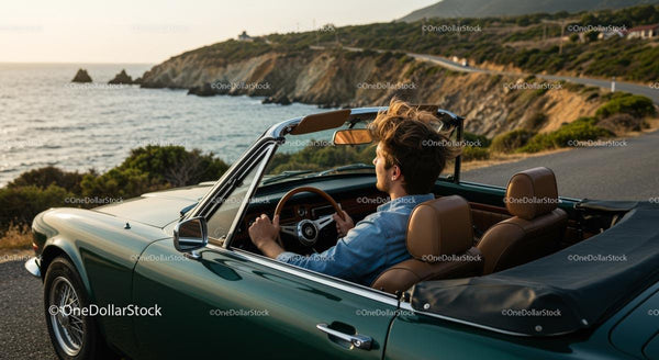 Coastal Drive in Vintage Convertible at Sunset