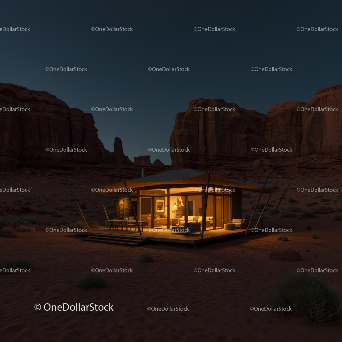 Modern Desert Cabin Illuminated at Night