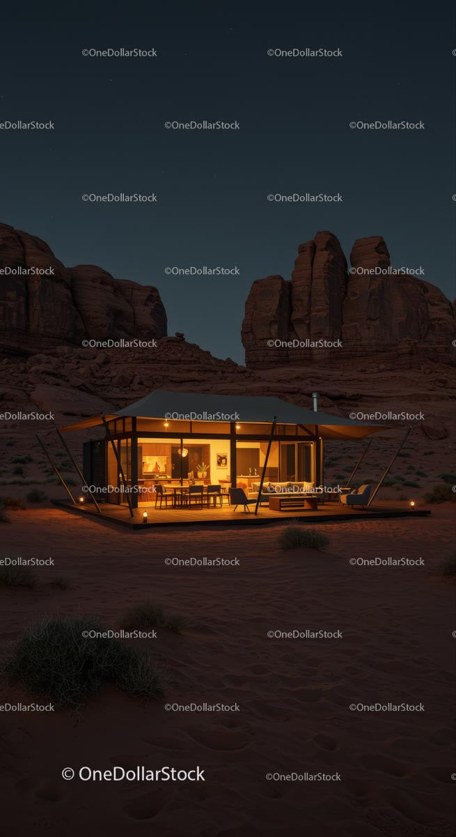 Modern Glass Cabin in a Rocky Desert Landscape at Night