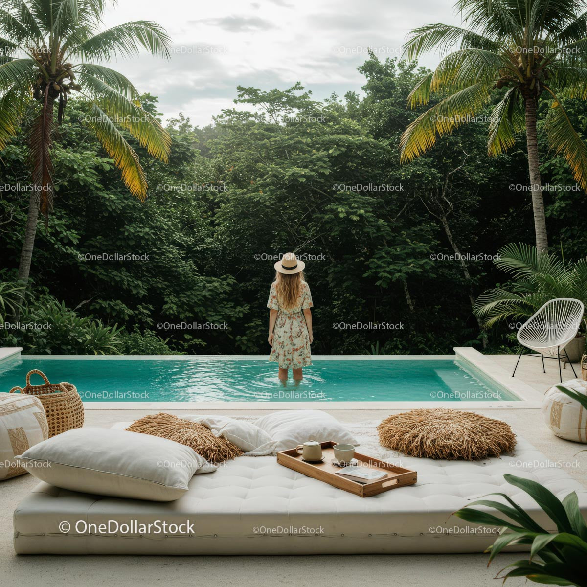 Woman in Hat by Tranquil Tropical Poolside Oasis
